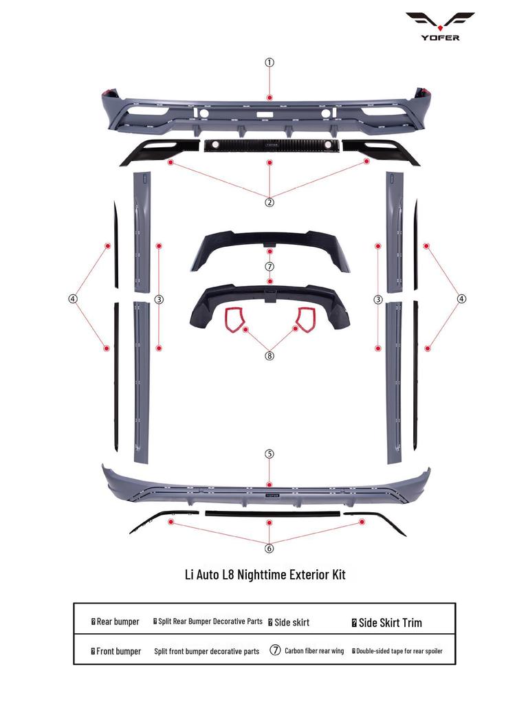 Обвес YOFER для Li Auto L8: Включает передний бампер, боковые юбки, заднее антикрыло, накладку и бампер, угловые накладки и передний сплиттер.