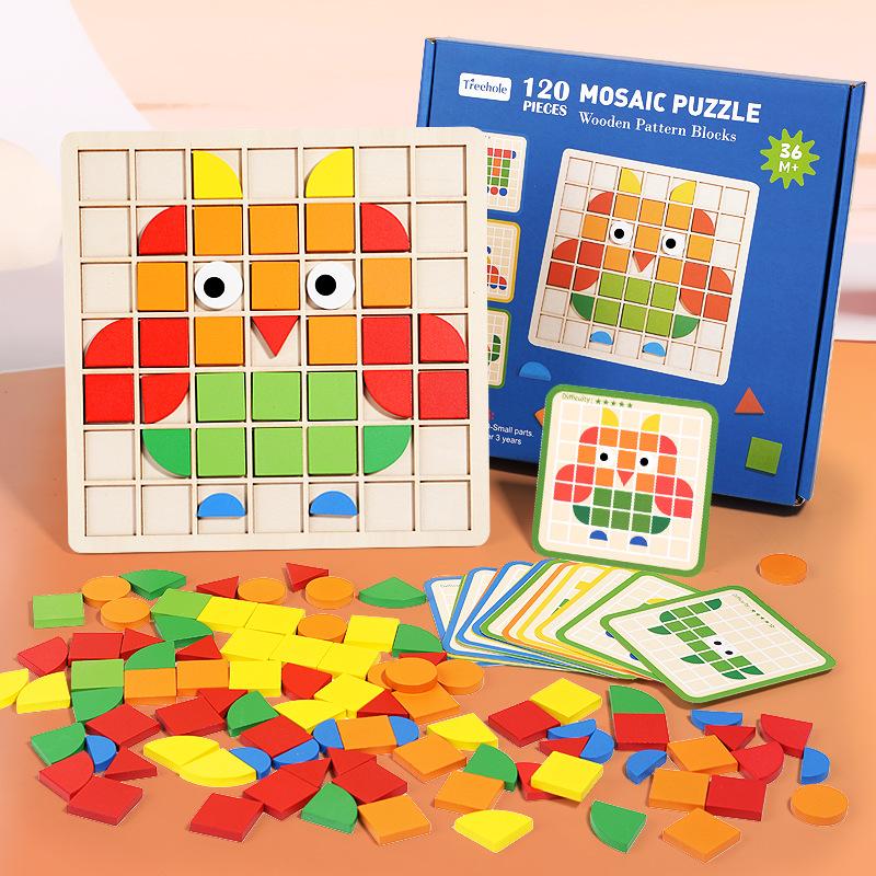 Wooden Children Mosaic 3D Building Block Three-Dimensional Puzzle Kindergarten Color Cognition Early Education Educational Toys