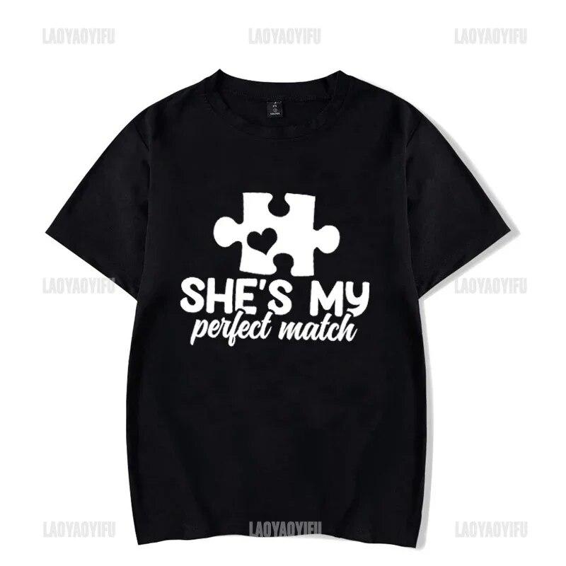 Couple T Shirt for Lovers Cotton Tee He's She's My Perfect Match Print T Shirts Unisex Summer Tops Anniversary Matching