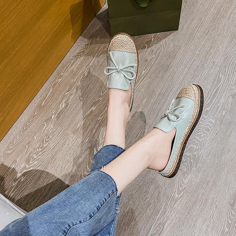 Fashion Round Toe Bowtie Leather Slippers Women Desinger Straw Fisherman Shoes Outdoor Flats Slides Soft Bottom Mules Women Flip Flops