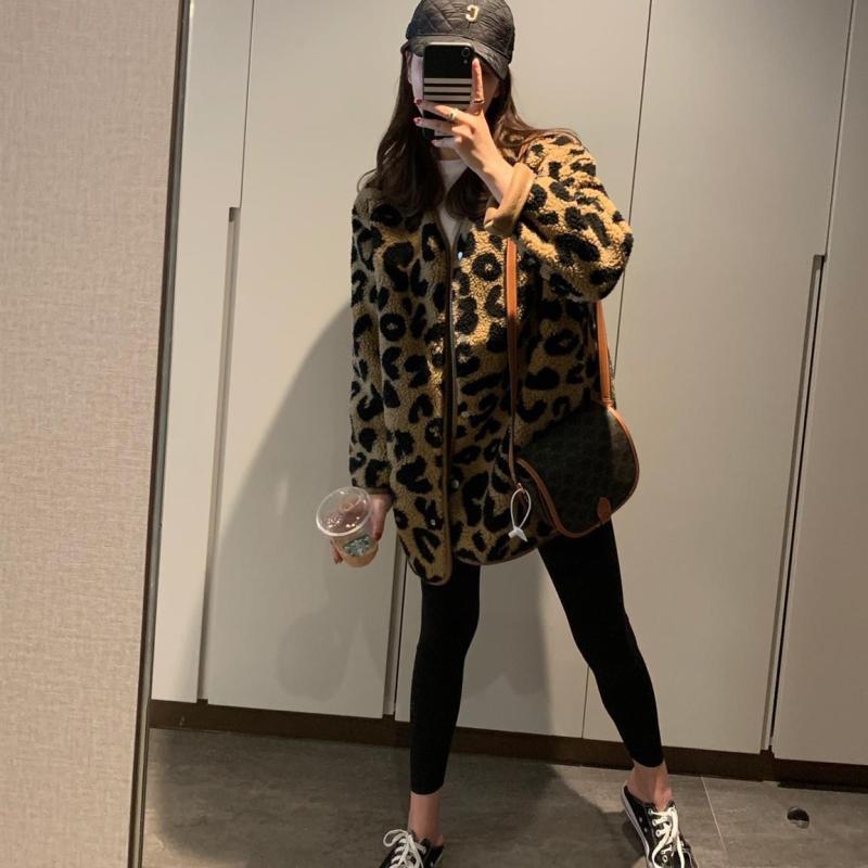 Leopard Print Winter Jacket Autumn New Lamb Wool Faux Fur Coat Female Casual Korean Fashion Loose Thick Warm Plush Outerwear