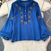 Женская блузка в этническом стиле с круглым вырезом и вышитыми рукавами-фонариками в стиле ретро, ​​летние женские топы с цветными блоками