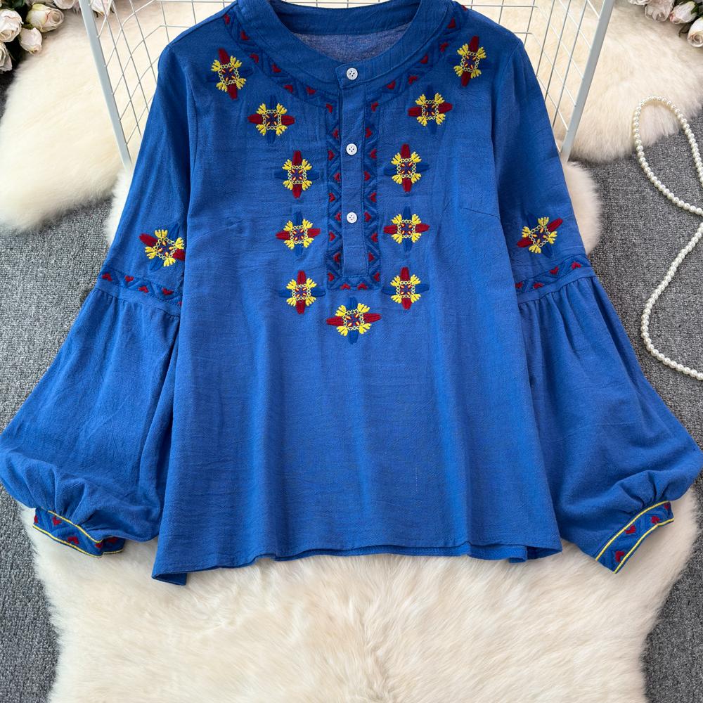 Женская блузка в этническом стиле с круглым вырезом и вышитыми рукавами-фонариками в стиле ретро, летние женские топы с цветными блоками