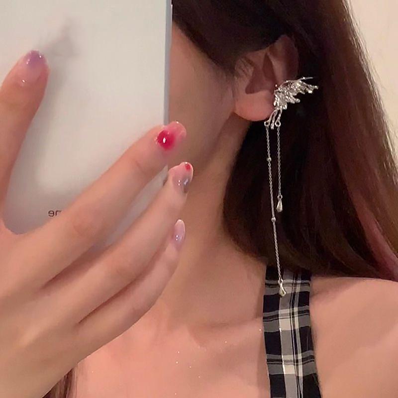 1Pair Angel Wings Liquid Metal Butterfly Tassel Ear Cuff Non Piercing Earrings Trendy Punk Design Female Long Ear Clip Jewelry