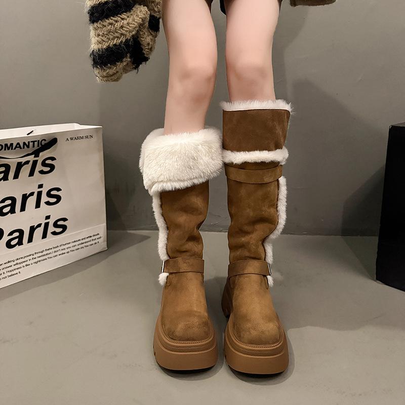 Женские мягкие эластичные на высокой толстой подошве зимние меховые теплые холодные утепленные сноубутсы нескользящие износостойкие повседневные спортивные длинные хлопковые сапоги