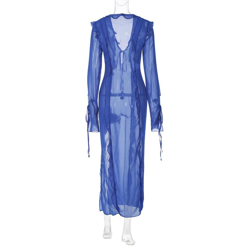 EDOLYNSA Sexy V Neck Perspective Ruffle Drawstring Maxi Dresses Women Spring Summer Elegant Side Split Beach Dress Cover Up A1942