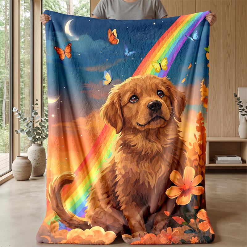 Golden Dog and Rainbow Theme blanket Lightweight Warm Flannel Blanket Decorative Throw Blanket for Home Decoration