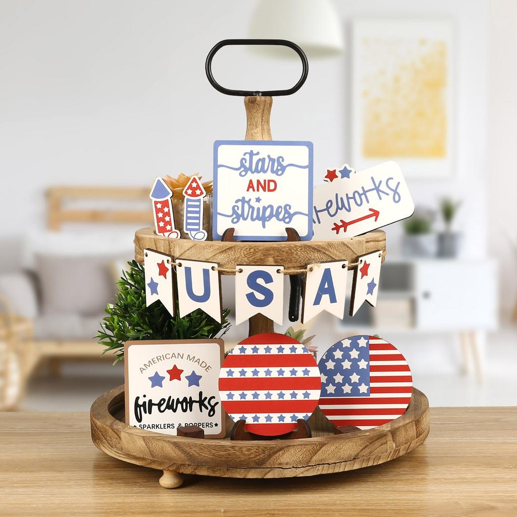 Tiered Tray Decor Wooden Patriotic Table Decor For Independence Day Party Supplies