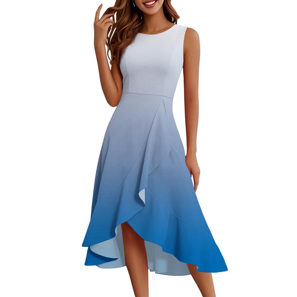 Женские модные повседневные платья без рукавов с круглым вырезом и принтом, элегантные, темпераментные, с оборками