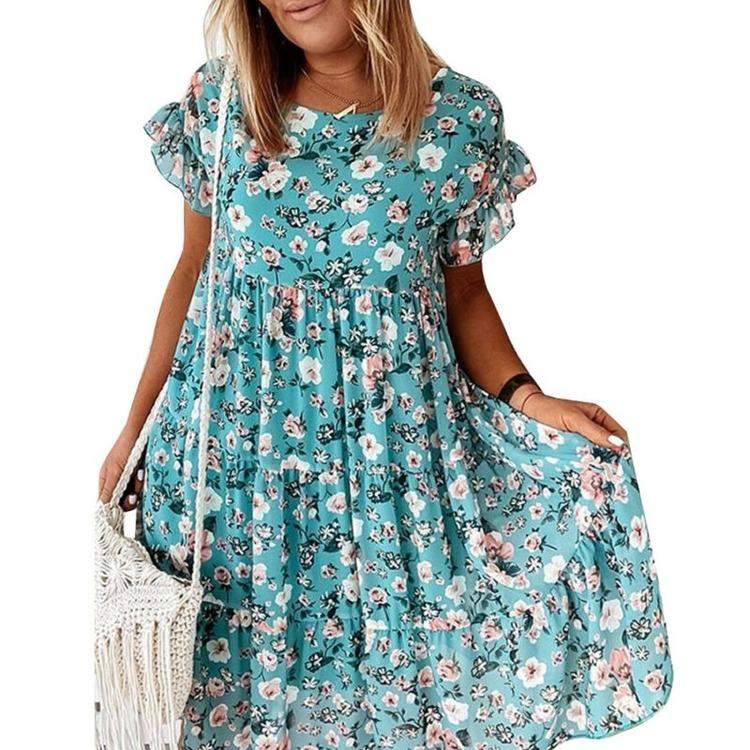 Short Sleeve Summer Dress Women Boho Floral Printed Sundress Beach Holiday Midi Dresses