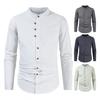 Men Linen Shirt Casual Long Sleeve Button Down Solid Color Male Tops Beach Banded Collar Summer Shirts