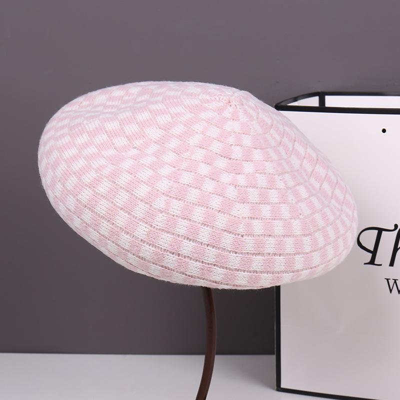 Beret women autumn and winter wool knitted beret Internet celebrity versatile fashion thousand bird grid star anise painter hat