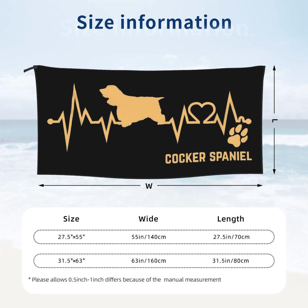 Cocker Spaniel Dog Lover Heartbeat ECG Pulse Pet Breed Paw Beach Towel Soft Microfiber Quick Dry Absorbent Quick Towels For Bath