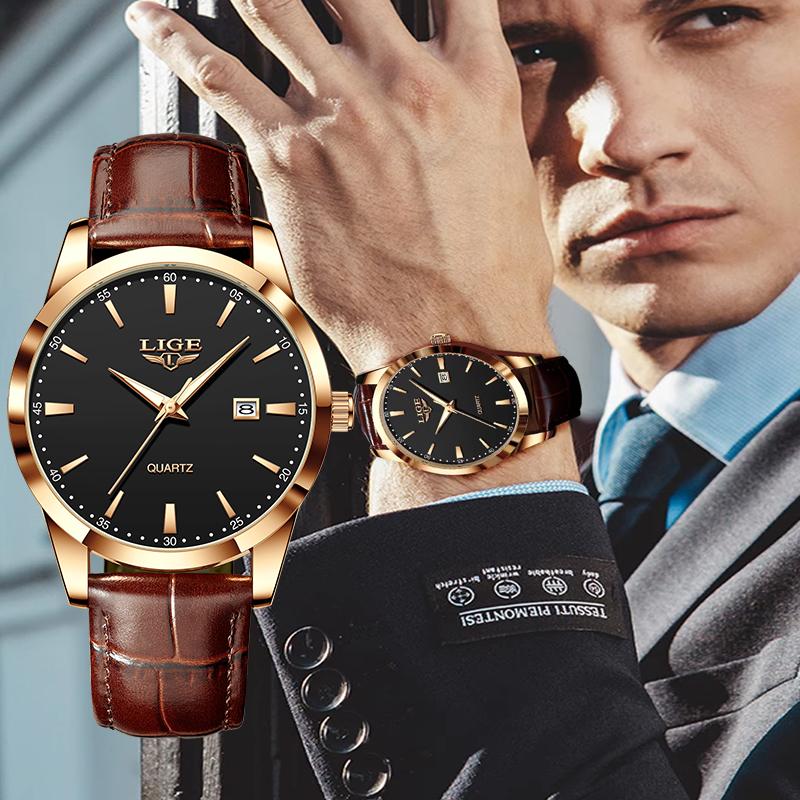 LIGE New Military Watch for Men Luxury Leather Man Wristwatch Quartz Clock Waterproof Luminous Date Week Men's Watches Reloj+box