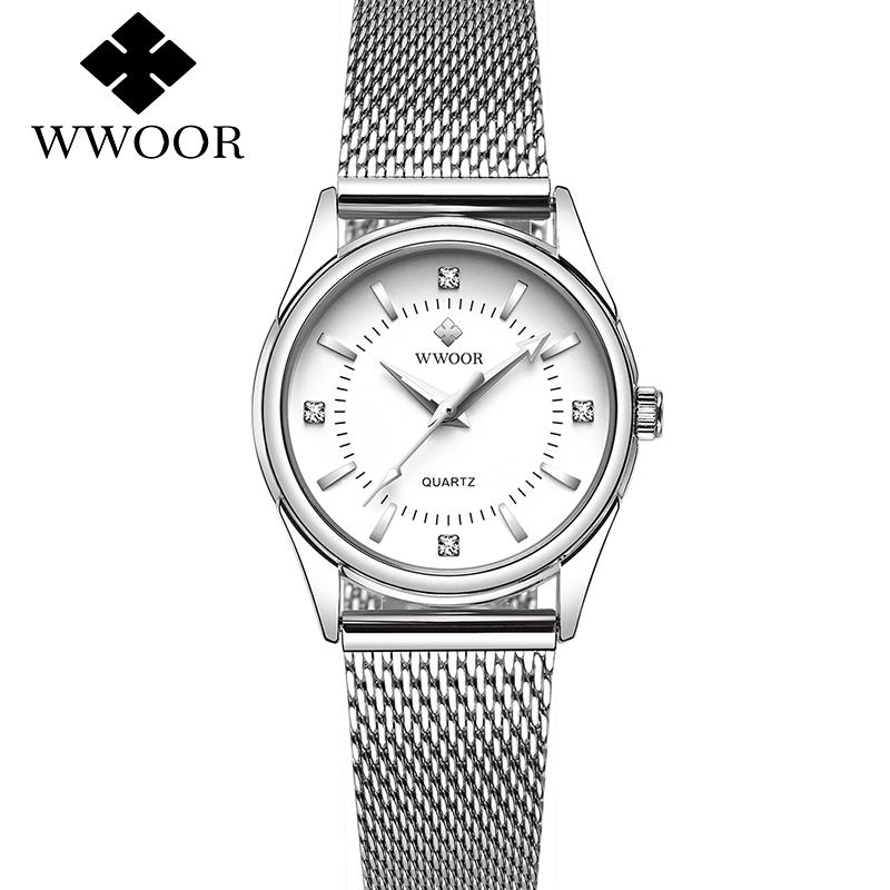 WWOOR Casual Women Dress Rose Gold Mesh Belt Fashion Diamonds Wristwatch Waterproof Simple Female Quartz Watch Reloj Mujer