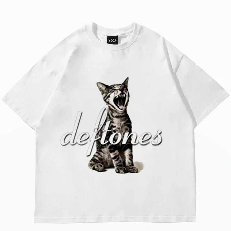 Women's Cute Cat Print Short Sleeved Cotton T-shirt Women's Harajuku Fashion Couple Loose Fitting Retro Street Style Clothing