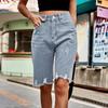 Женские джинсовые шорты-бермуды с высокой талией и потертостями, рваные эластичные джинсовые шорты длиной до колена с карманами и необработанным краем, короткие брюки