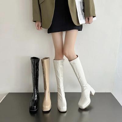 Женские сапоги на толстом каблуке и платформе с квадратным носком, черные лакированные сапоги до колена, женские осенние сапоги на толстом высоком каблуке в стиле панк