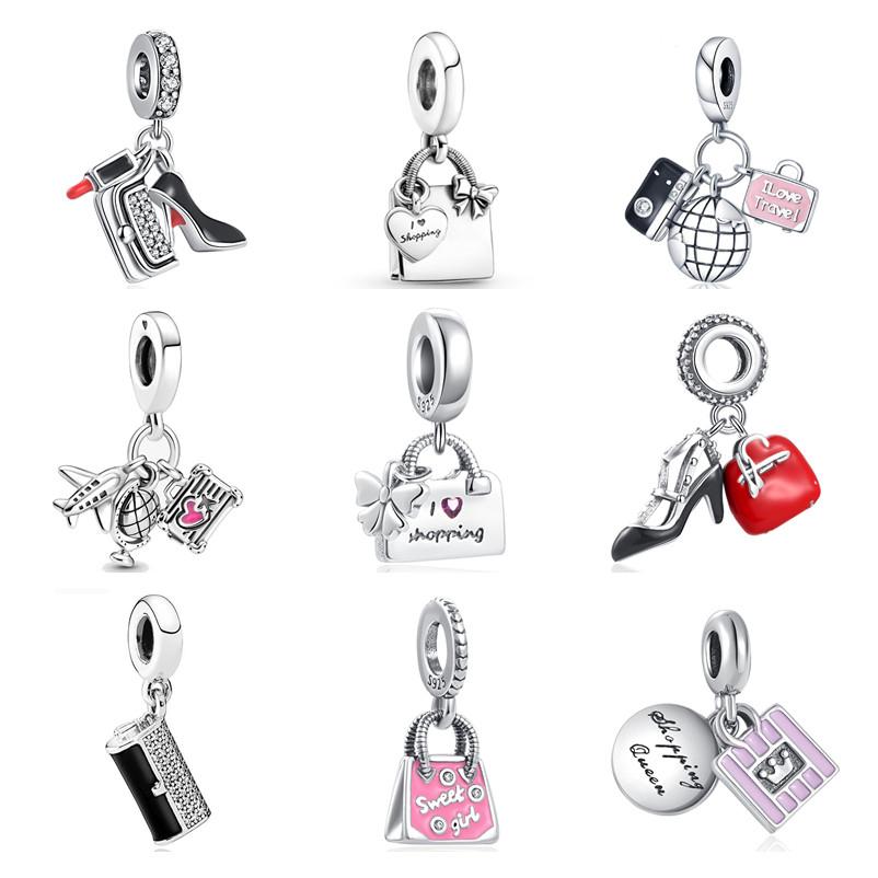 Новая серебряная сумка 925 пробы, подвески, дорожная сумка, висячий амулет из бисера, подходит для оригинального модного браслета для женщин, сделай сам, я люблю шопинг, кулон, подарок