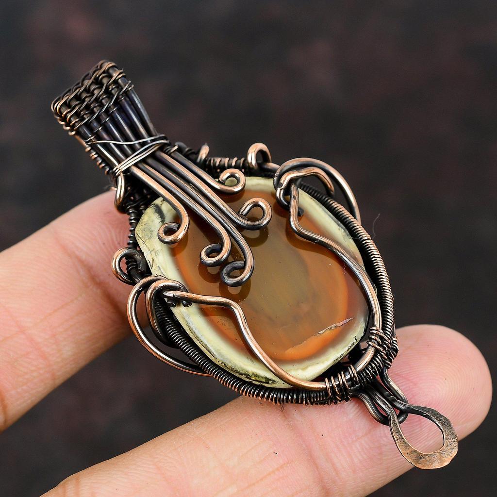 Императорский драгоценный камень яшма, обернутый медной проволокой, медные украшения, медная проволока, ювелирные изделия ручной работы для женщин, дизайнерский кулон, подарок для нее