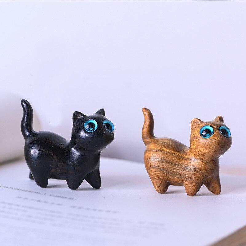 Kawaii Cat Miniature Figurines Handmade Sandalwood Carving Kitty Sculpture Desk Ornaments Fairy Garden Room Decor Birthday Gift