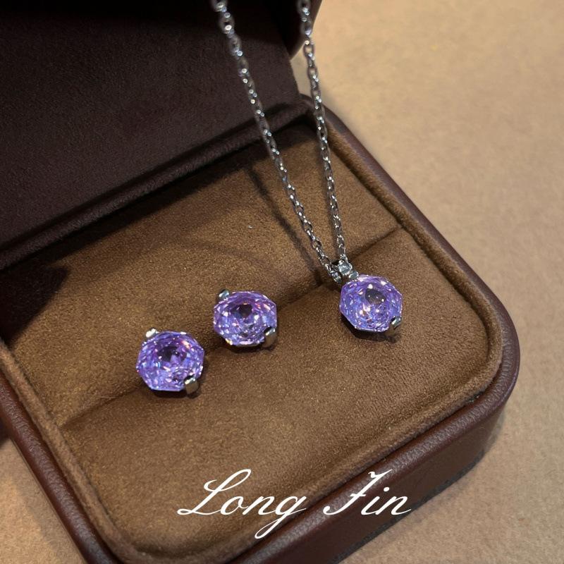 Millennium Rose Cut Violet Single Diamond Necklace Earrings Simple Premium Temperament Pull Collarbone Chain