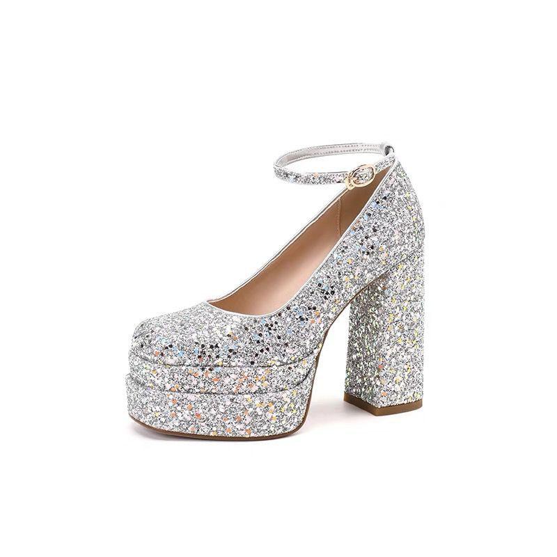 Водонепроницаемые серебряные туфли на высоком каблуке с блестками, свадебные туфли для взрослых, хрустальные туфли для церемонии, сексуальные, темпераментные, модные туфли