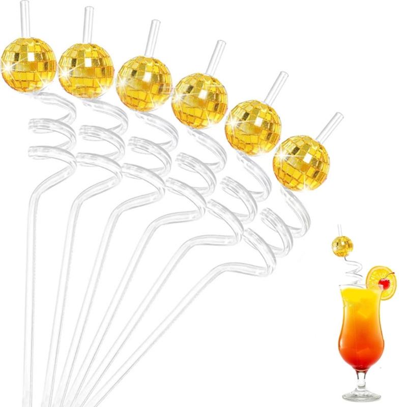 6Pcs/set Discos Decorative Straws Plastic Cocktail Straws Glitter Mirror Discos Balls Drinking Decor for Discos Party