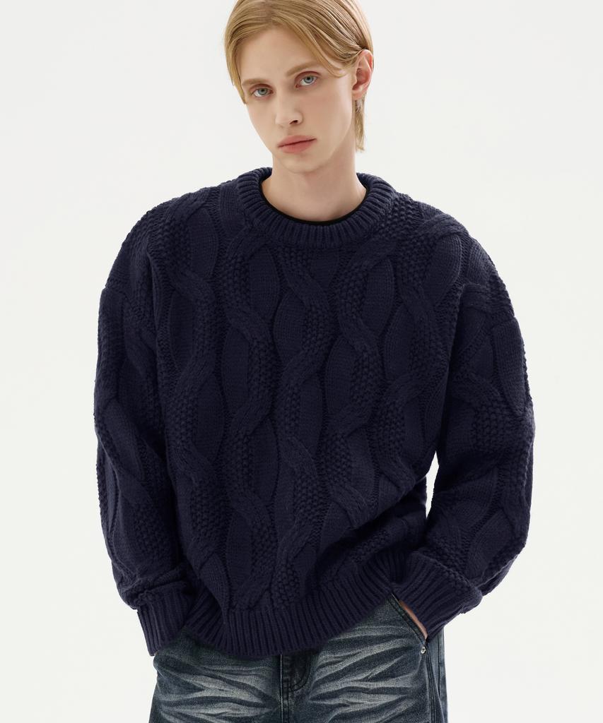 TRILLION Washable Big Cable Oversized Crew Neck Knit [Navy]