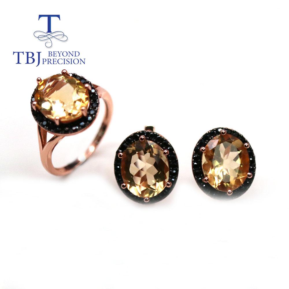 Natural Citrine Gemstone Jewelry Set 925 Sterling Silver Ring Clasp Ring Earring Black Spinel Fine Jewelry for Women Nice Gift