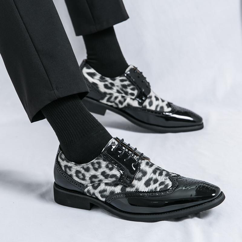 Men Big Size Leopard Print Formal Lace-Up Brogue Shoes Wedding Groom Business Dress Shoes Comfortable Leather Wedding Party Shoe