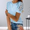 Сплошной цвет с круглым вырезом, свободная женская футболка, кружевная лоскутная футболка с коротким рукавом, топ