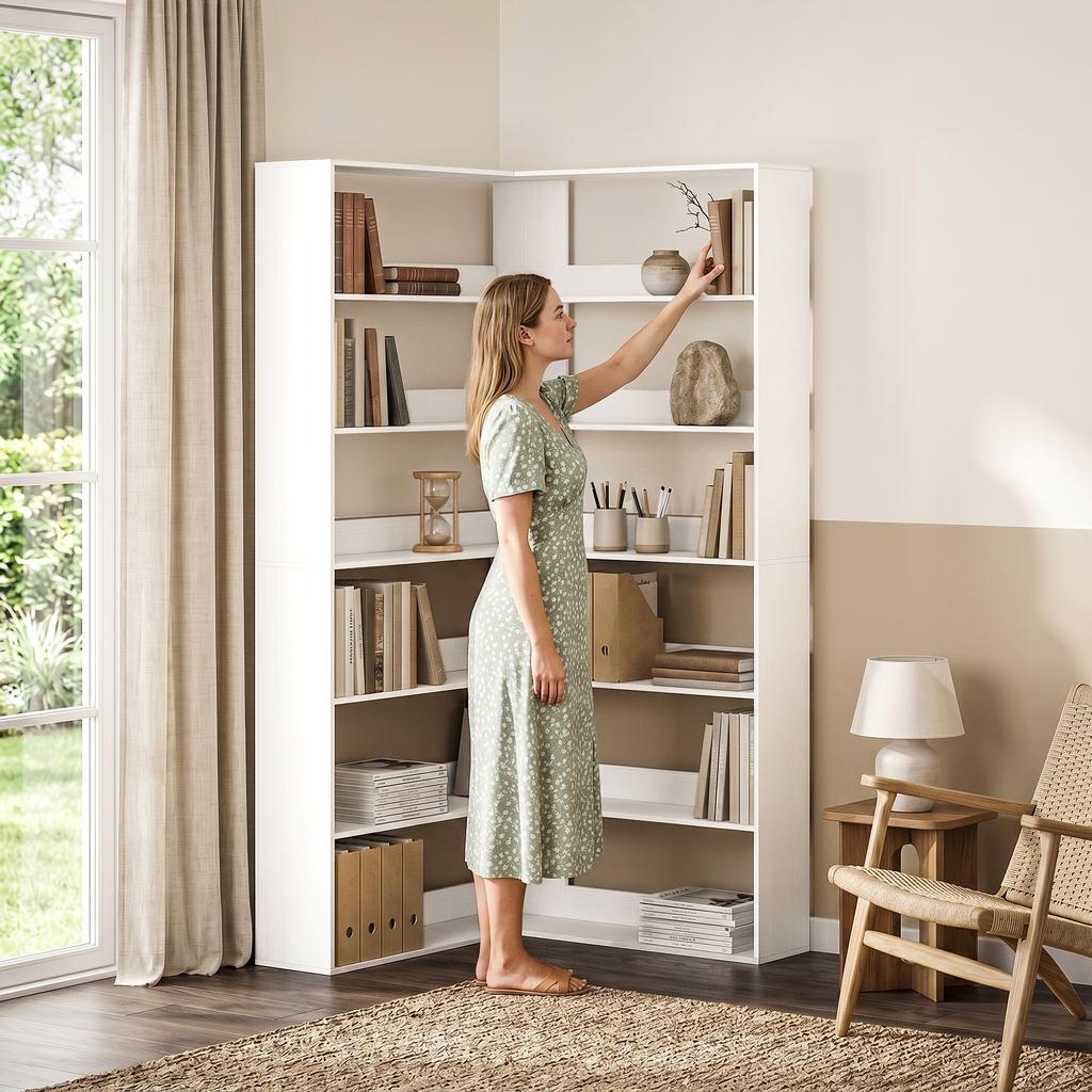 7 Tiers Bookshelf, L-Shaped Corner Bookcase with Anti-Slip Rear Guard, White Wood Effect