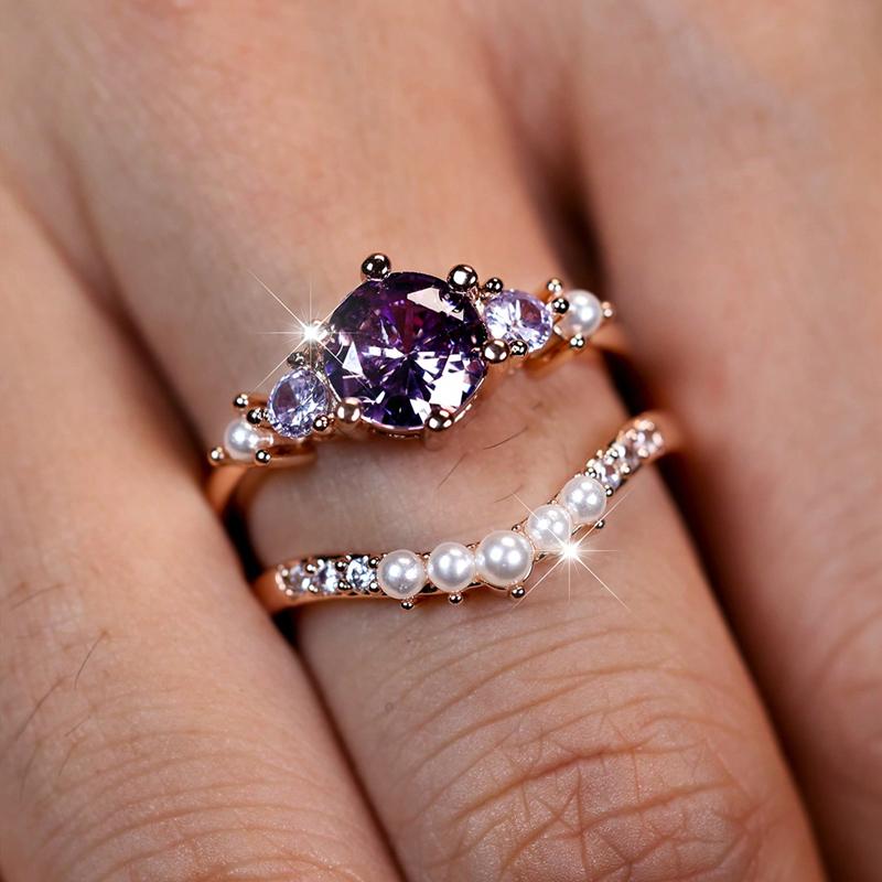 Элегантный круглый фиолетовый циркон искусственный жемчуг кольца набор для женщин изысканный розово-золотой цвет циркон кольцо винтажные ежедневные вечерние украшения лучший подарок
