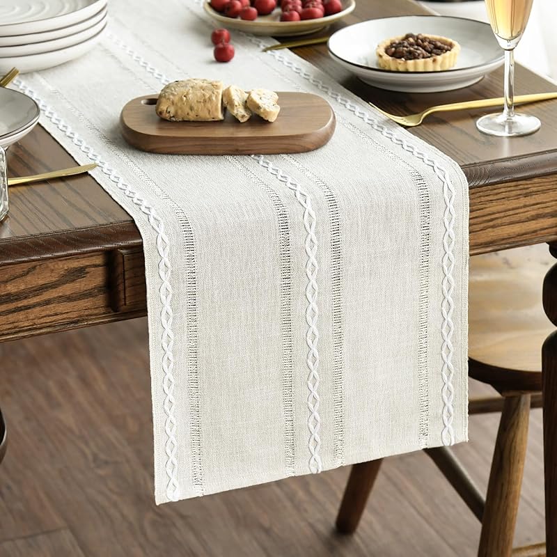 Artoid Mode Sage Green Rustic Cotton Linen Table Runner, Seasonal Embroidered Hollow Kitchen Dining Table Decoration for Home Party Decor 13x72 Inch