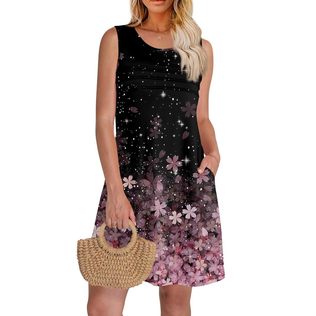 Женские летние платья с круглым вырезом, плиссировкой спереди, без рукавов, карманами, сарафаном, повседневным платьем