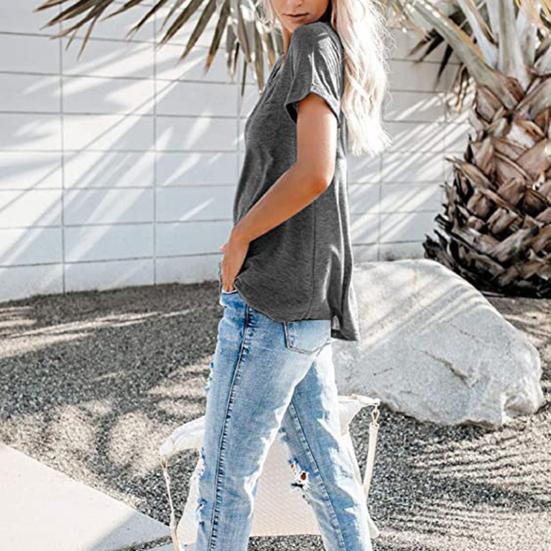 Женская футболка с v-образным вырезом, свободная рубашка, рубашка с пуговицами, футболка с коротким рукавом, однотонный пуловер, топы