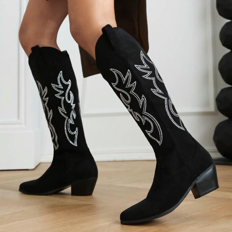 Женские винтажные белые ковбойские сапоги 2024 года, высококачественные квадратные каблуки, молния, высокие до колена, концертные женские ковбойские туфли в стиле вестерн, Botas Mujer