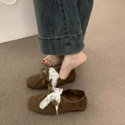 Модные женские туфли на плоской подошве Весна Новые с квадратным носком Мелкий вырез Замшевая шнуровка спереди Мягкая подошва Нескользящие Износостойкие Одинарные туфли