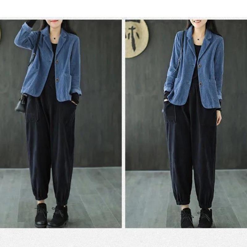 Женское вельветовое пальто с лацканами, однотонное короткое пальто, весна-осень, винтажная повседневная куртка с длинными рукавами, топ, костюм, воротник, вельвет