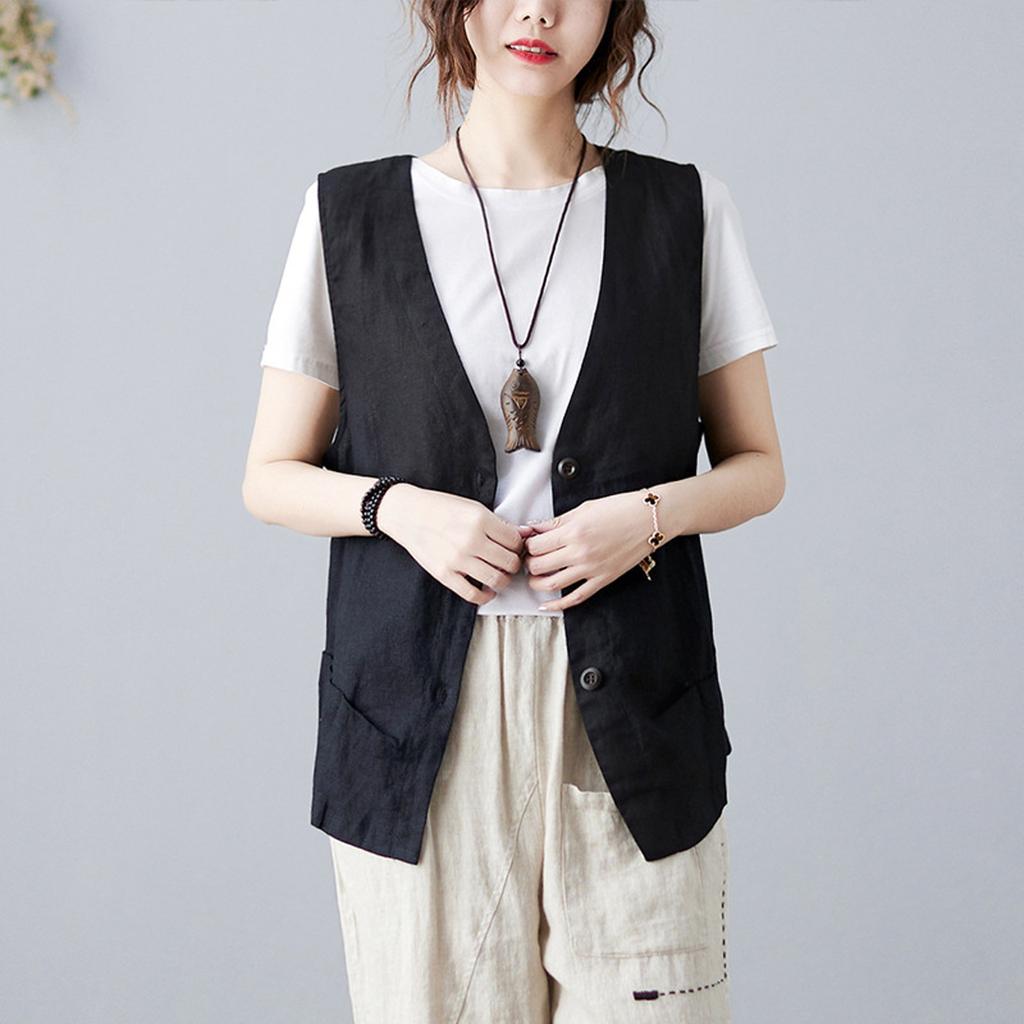 Retro Linen Vest For Women Loose And Versatile Sleeveless Casual Slim Vest Solid Color Waistcoat Cotton And Linen Short Jacket