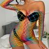 Colorful Stripes Crotchless Bodystocking For Sexy Lingerie Bodysuit Black Full Body Stockings Erotic Adult Female Sex Game Costume