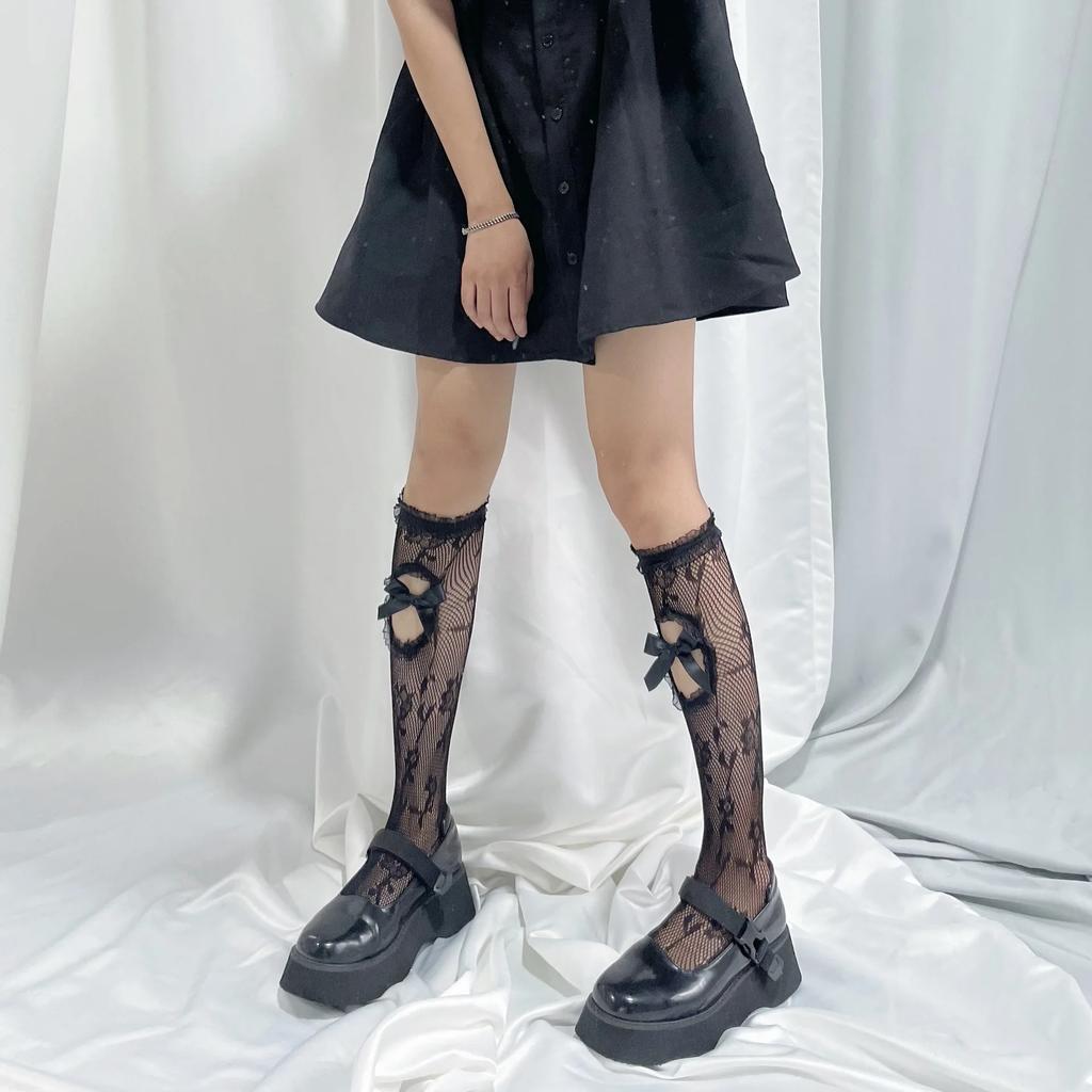 Ажурные сетчатые чулки с оборками, женские носки с милым бантом, милые гольфы для девочек, длинные носки в японском стиле JK, женские чулки