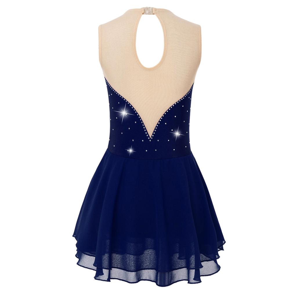 Girls Sparkly Sequined Dance Dress Sleeveless Round Neck Patchwork Hollow Back Design for Ice Skating