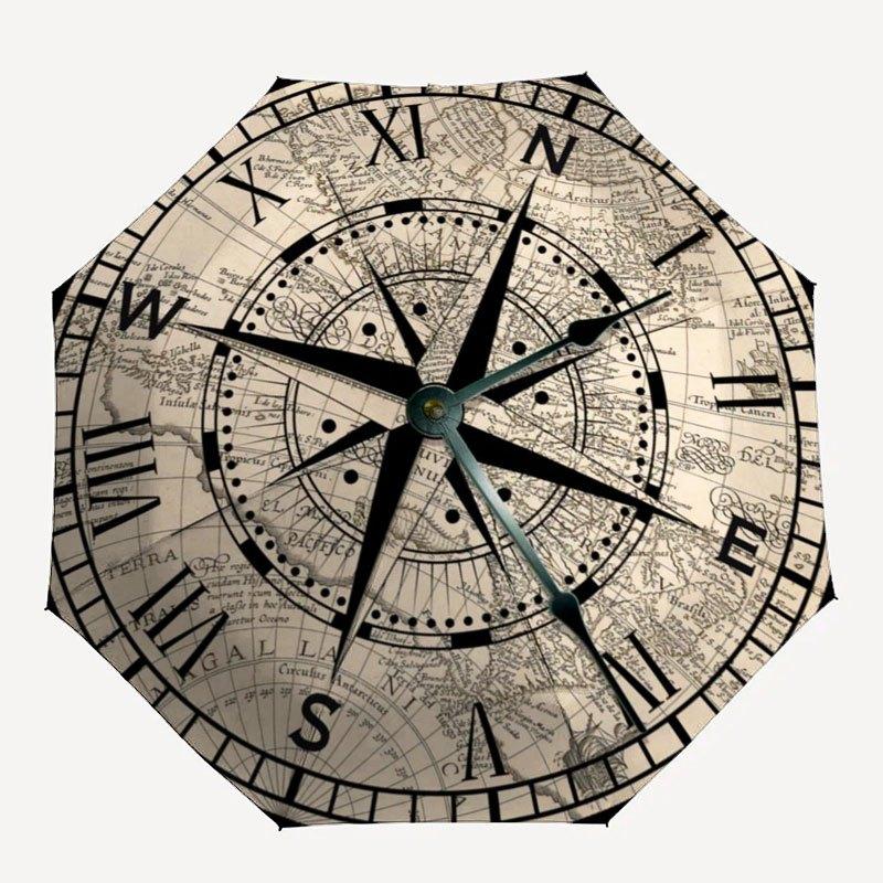 Vintage Map Compass Wall Clock Decorative Nautical Theme Home Office DecorUmbrella with Cute Design,Portable 3-Fold Compact Umbrella for Men