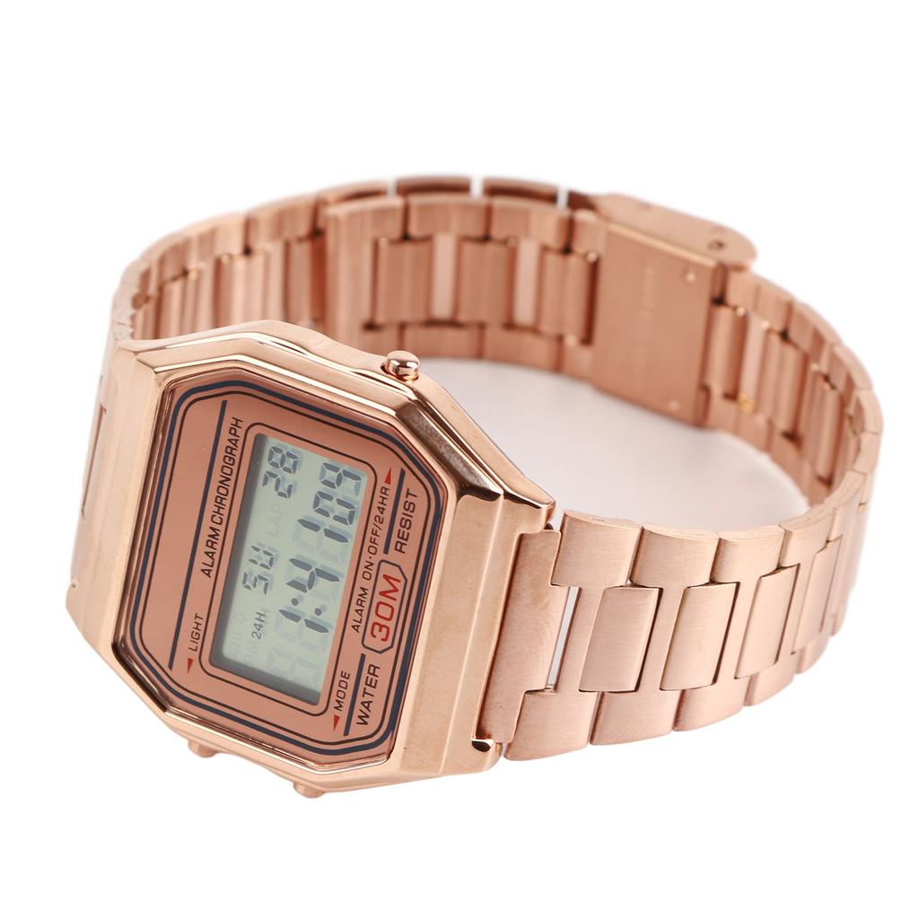 Цифровые светодиодные часы с подсветкой, электронные, с ремешком из нержавеющей стали, прямоугольные наручные часы (Розовое золото)