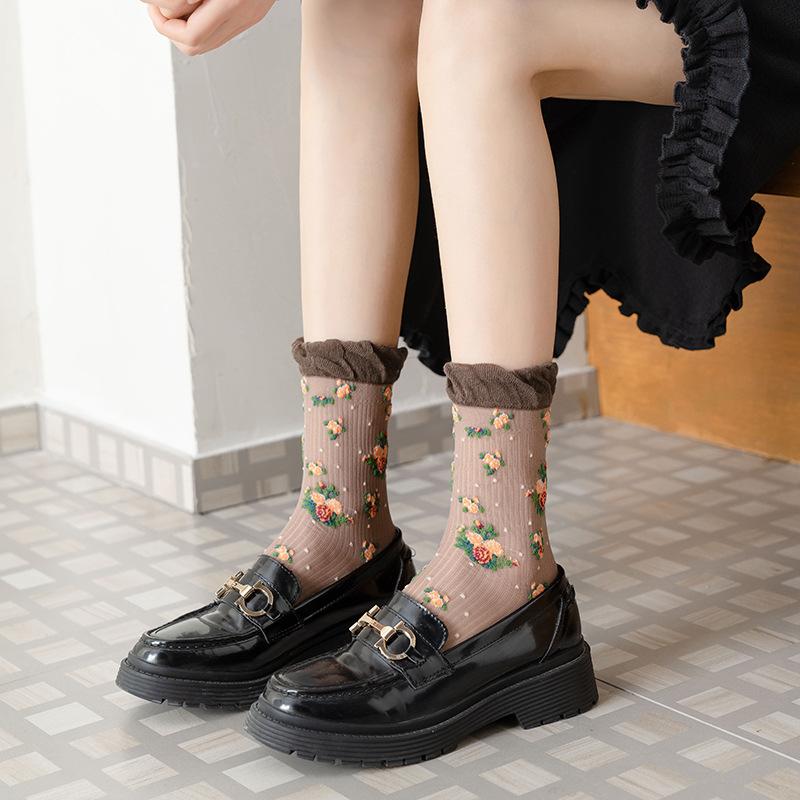 Harajuku Ретро женские носки винтажные этнические цветочные принты японские милые носки Kawaii женские летние сетчатые тонкие шелковые кружевные носки с рюшами