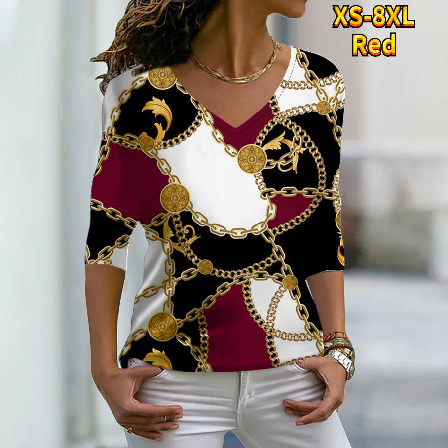 Женские осенние футболки с длинными рукавами с цветочным принтом и золотой цепочкой, свободные футболки с v-образным вырезом, большие размеры, топы, удобная блузка