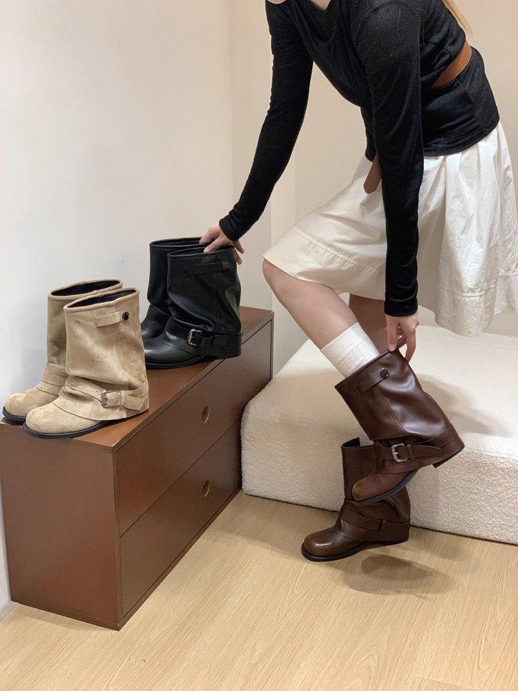 Leather Spice Girl Wasteland Wind Short Summer Boots Women's 2025 New Folded Pile Boots Wide Short Boots Pant Tube Boots