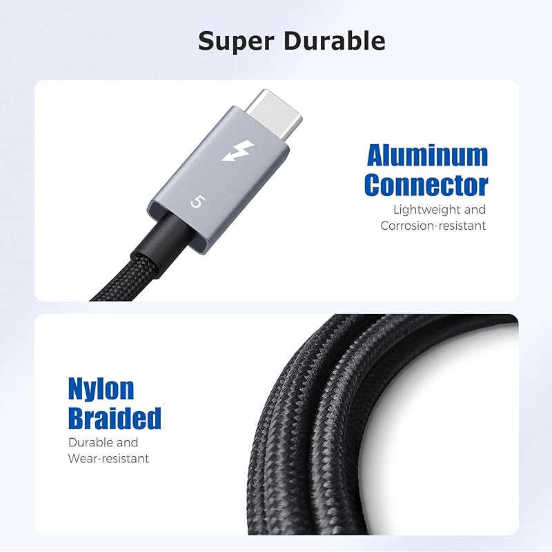 [Intel Certified] Cable Matters 80Gbps Premium Braided Thunderbolt 5 Cables, Up To 120Gbps Bandwidth Boost, Supports 240W Charging, Black, 0.5m/1.6ft,